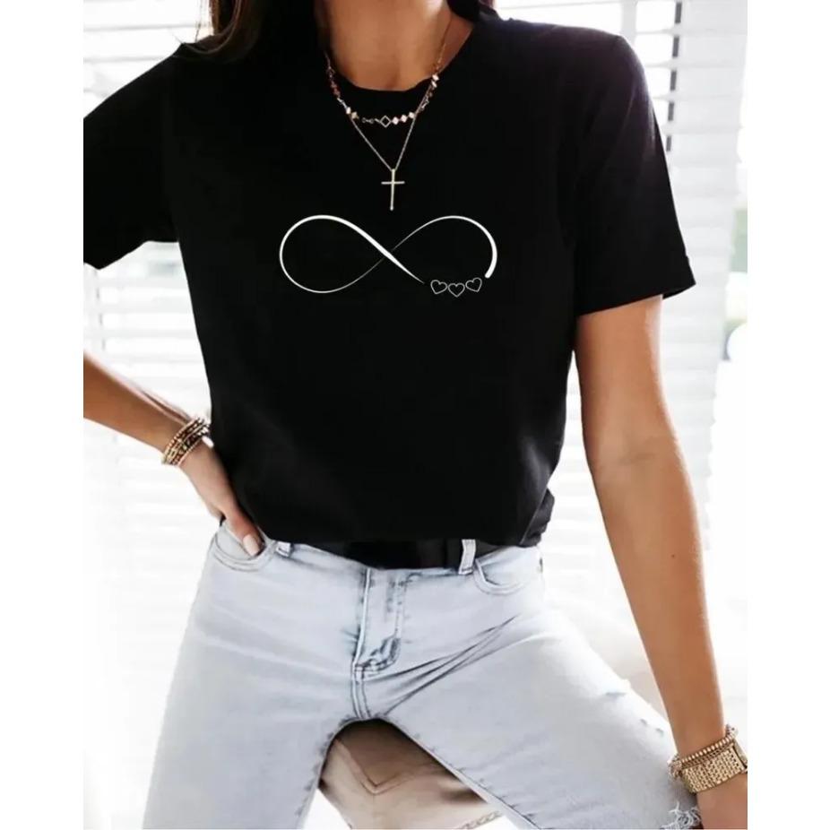 Dámské bavlněné letní tričko s krátkým rukávem a potiskem srdce, s kulatým výstřihem