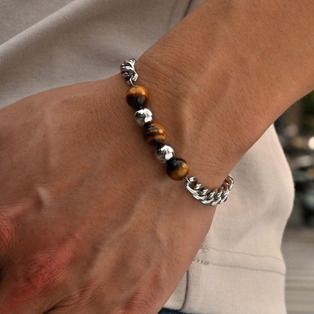 Fashion Stainless Steel Cuban Chain Bracelet for Men, Tiger Eye Natural Stone Charm Bracelet, Vintage Jewelry Father Day Gift