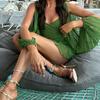 Women Spring Summer Lady Holiday Dresses Hollow Out Lantern Sleeve Mini Dress Sexy Solid V Neck Green Mesh Short Vestidos