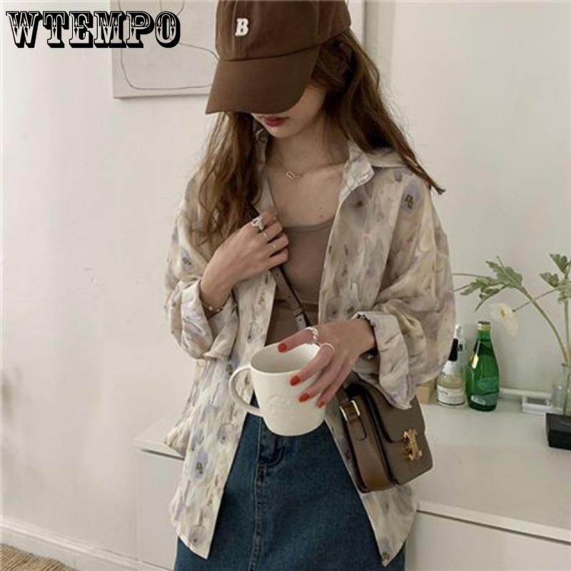 Spring and Autumn Women's Shirt Three-color Vintage Printed Chiffon Shirt Loose Lapel Oil Painting Casual Commuter Women's Top
