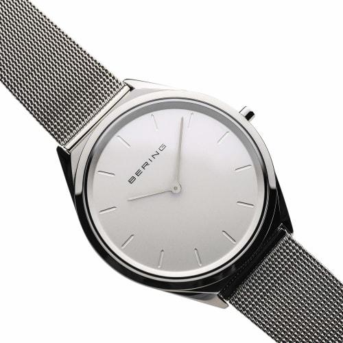 BERING Men's & Women's (Unisex) Analog Quartz Ultra Slim Collection Watch with Stainless Steel Strap & Sapphire Crystal Silver Mesh Band (17039-000).