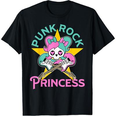 Girl's Cute Punk Rock Princess Kawaii Skull Guitar Rockstar T-Shirt(2)