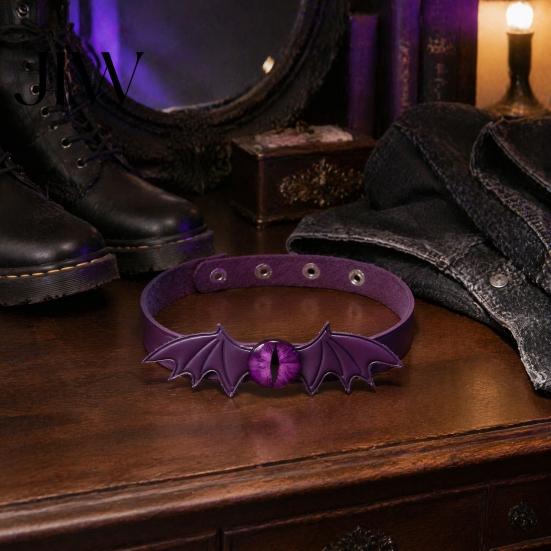 Protection Amulet Jewelry Gothic Bat Leather Choker Necklace, Devil Eyes Collar Necklace for Women Style Men, Adjustable Wing Clavicle Halloween Party
