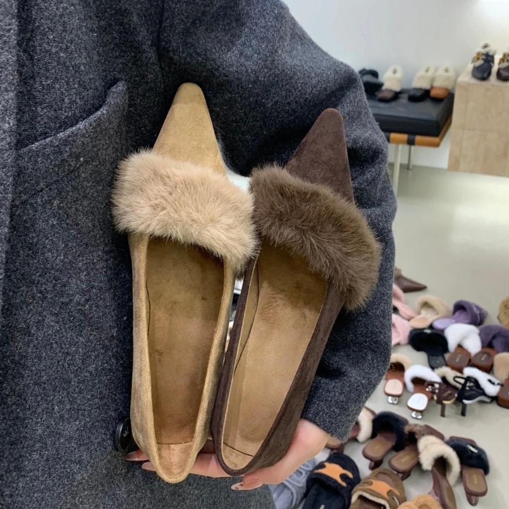 Korean Version of Light Luxury Small Fragrant Wind Piled Light Mouth Fluffy Single Shoes Autumn and Winter Celebrity Style Suede Temperament Elegant