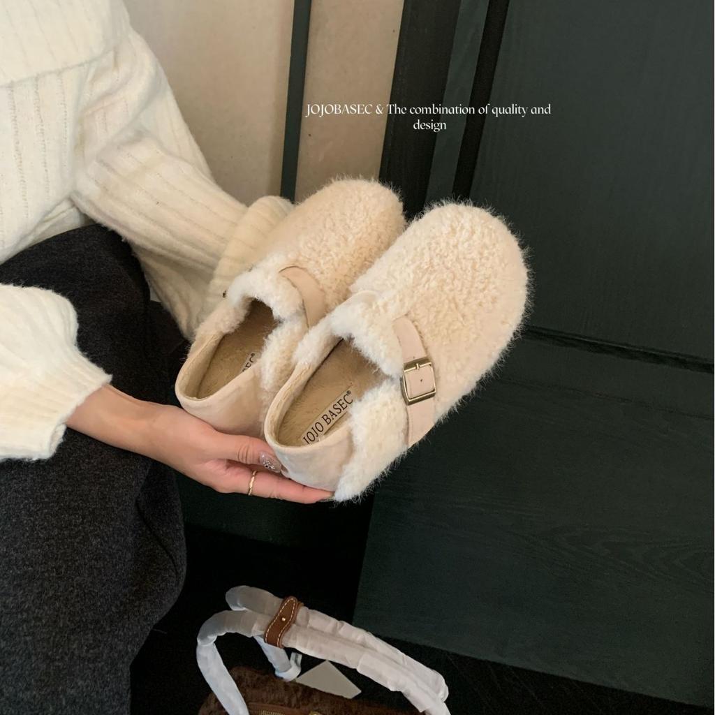 2025 autumn and winter new round head fur belt buckle soft bottom foot cover work commuter warm women's cotton shoes
