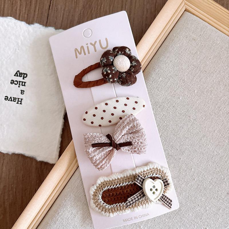 4pcs/set Beige Coffee Color Elegant Hair Clip for Young Kids Sweet Retro Floral Bow Children Barrettes Cute Hair Accessories