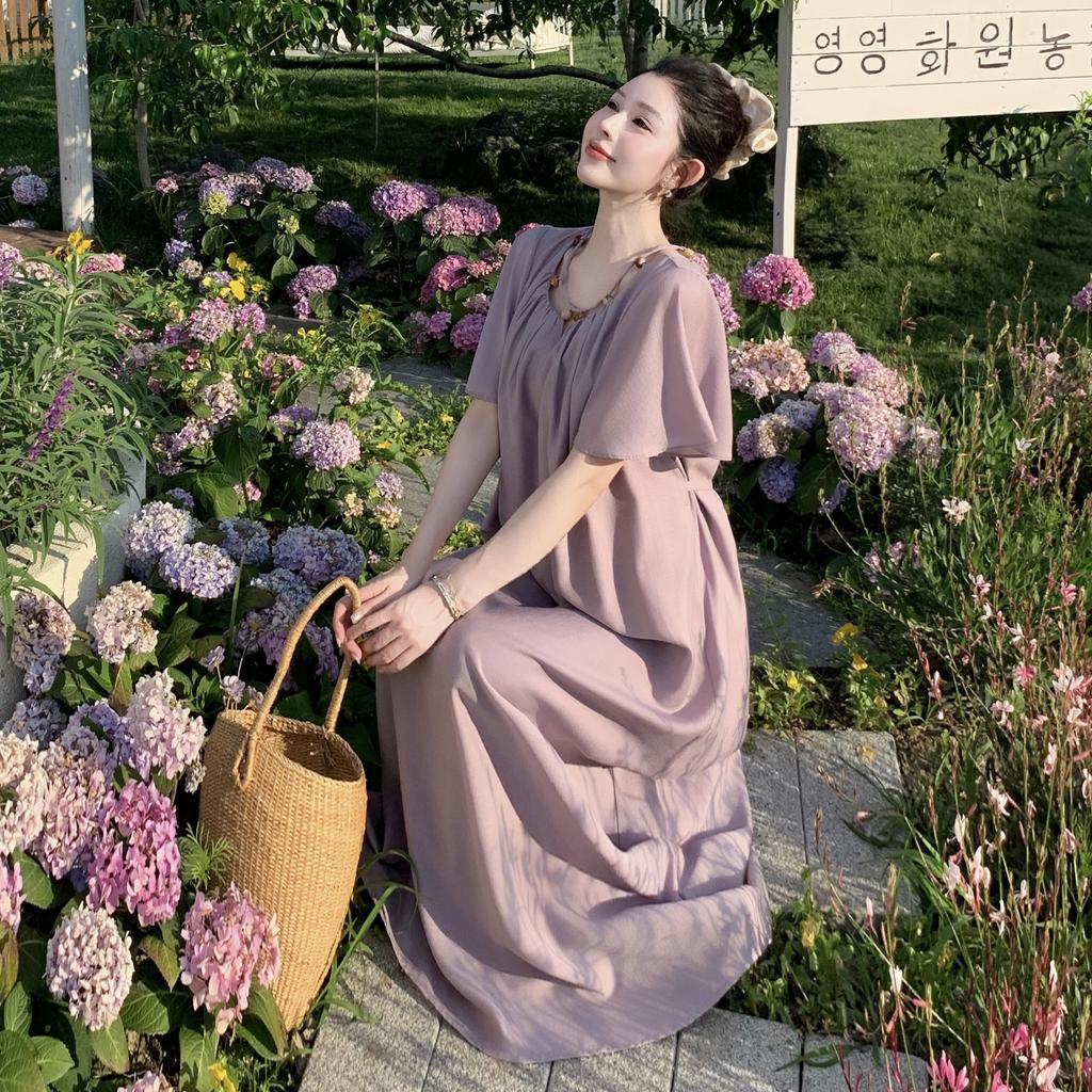 DIMANAF 2025 Summer Plus Size Dress Women Vintage Dress Basic Long Elegant Loose Casual Pleated Dress