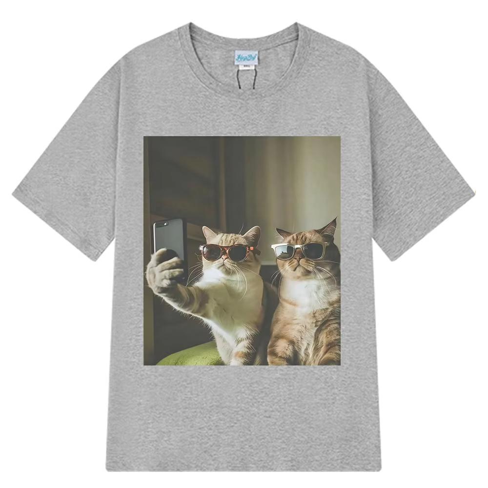 Vintage Selfie Buddy Funny Cat Meme T Shirt Men Women Harajuku Fashion T-shirts Short-sleeved Cotton Hip-hop Casual T-shirts