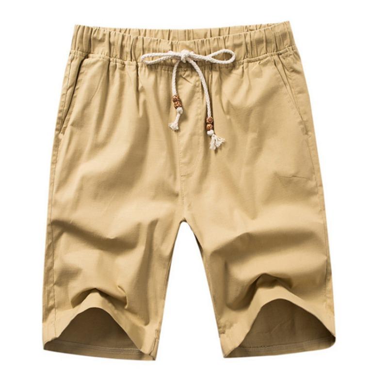 Herren Leinen Baumwolle Kordelzug Taille Gerade Beine Freizeitshorts