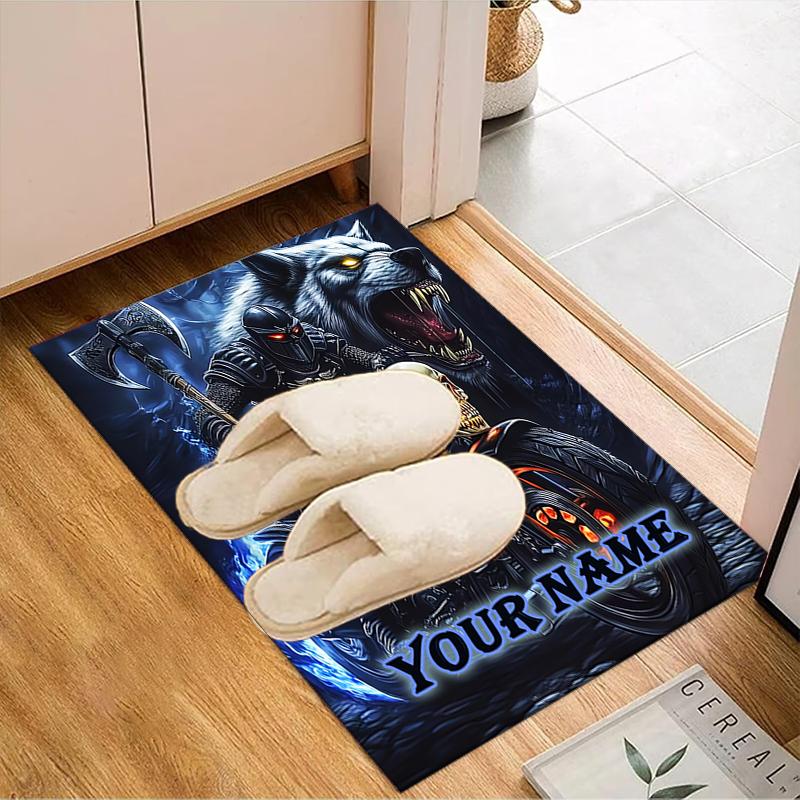 1PC Custom Name "Skull Biker Wolf" Theme Floor Mat Ideal for Living Room, Game Rooms, Office, Bedroom,Floor Mat Playful Design