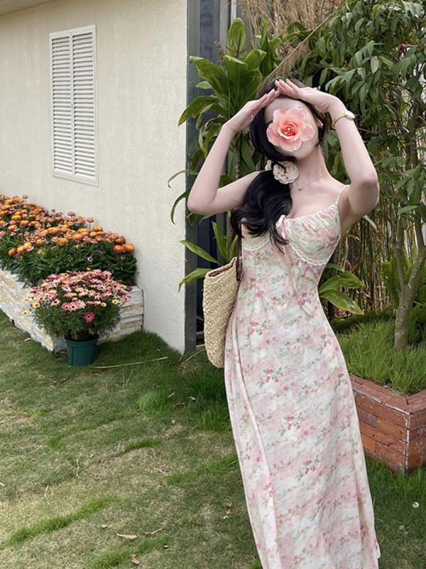 French light pink spaghetti strap floral dress for women, 2026 fashionable new vacation-style versatile long dress