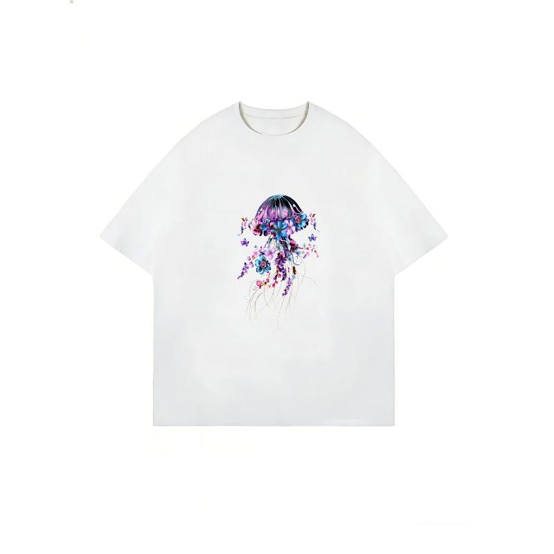 Oversized T Shirt Black Jellyfish Floral Print For Casual Wear