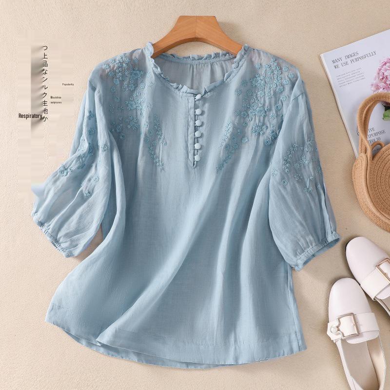 2025 Summer Artistic V-Neck Embroidered Floral Women's Shirt with Five-Point Sleeves