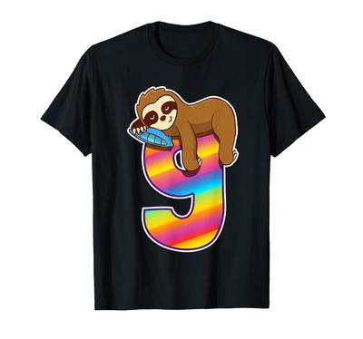 Birthday Gift for Girls and Boys, Age 9, Sloth, Kids, Number 9 T-Shirt