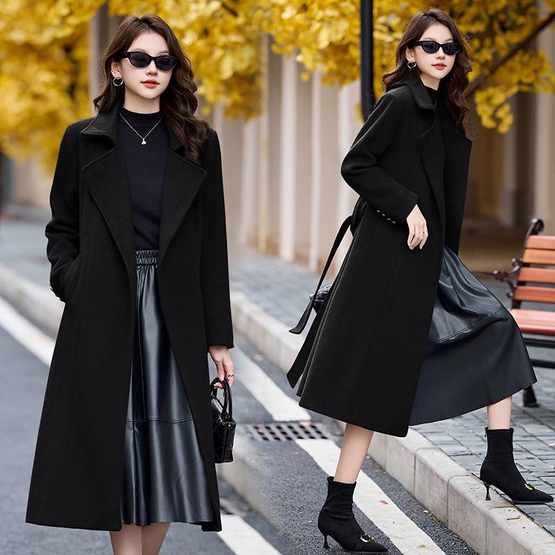 Women's Extra Long Wool Coat with Tie - Autumn/Winter Korean Fashion, Lapel Design (HR1018)
