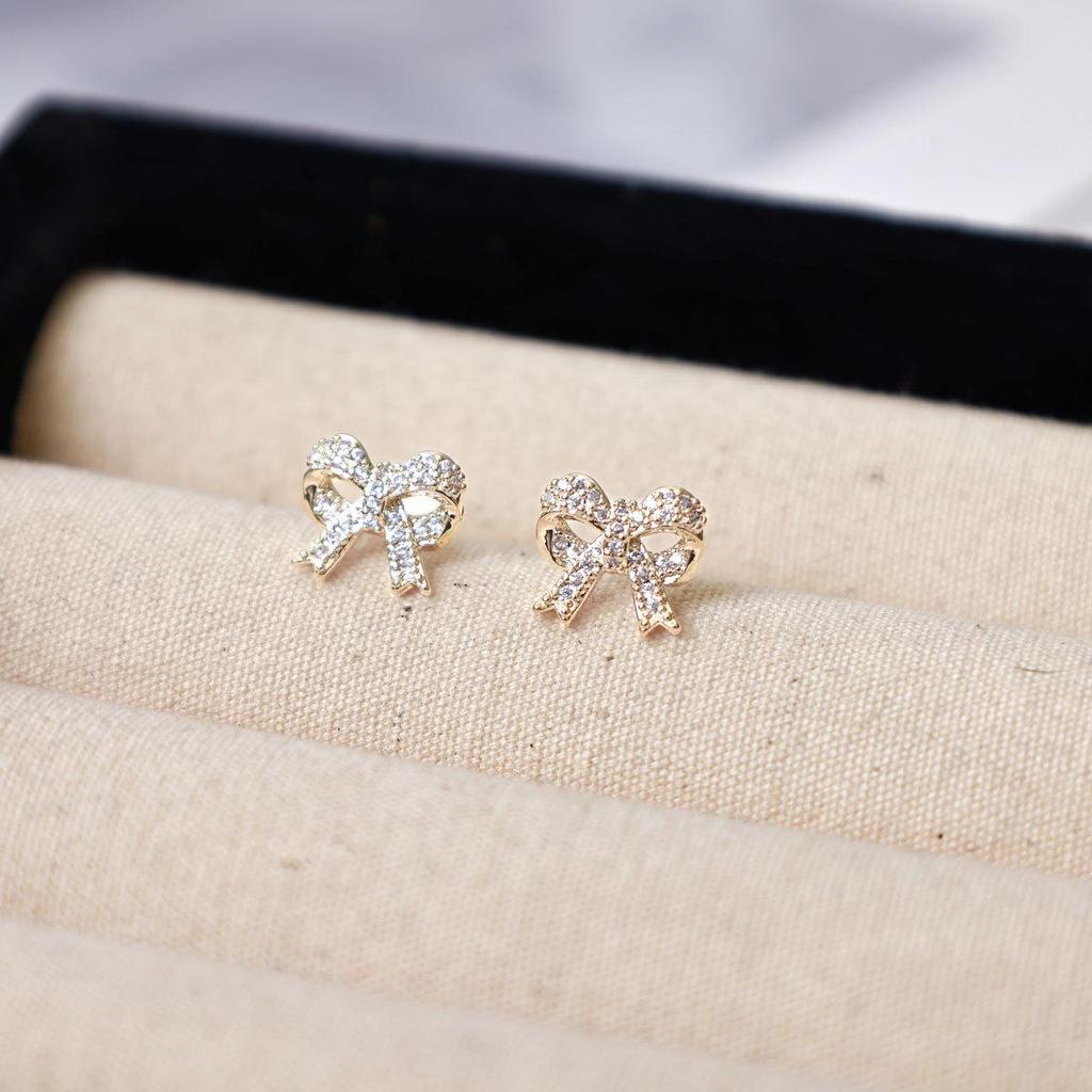 Copper-Plated Gold Bow Earrings with 925 Silver Needle and Flower Diamond Inlay for Women
