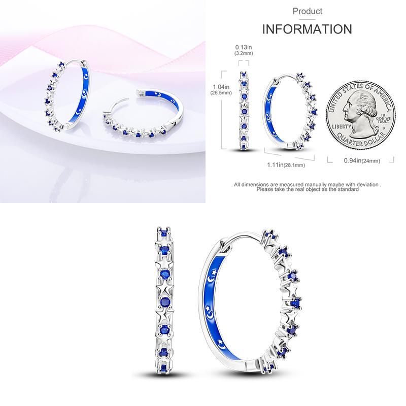 Sparkling Blue Zircon Hoop Earrings Pave U Shape Star Devil Eyes Circle S925 Drop Earring Fit Original Party Jewelry