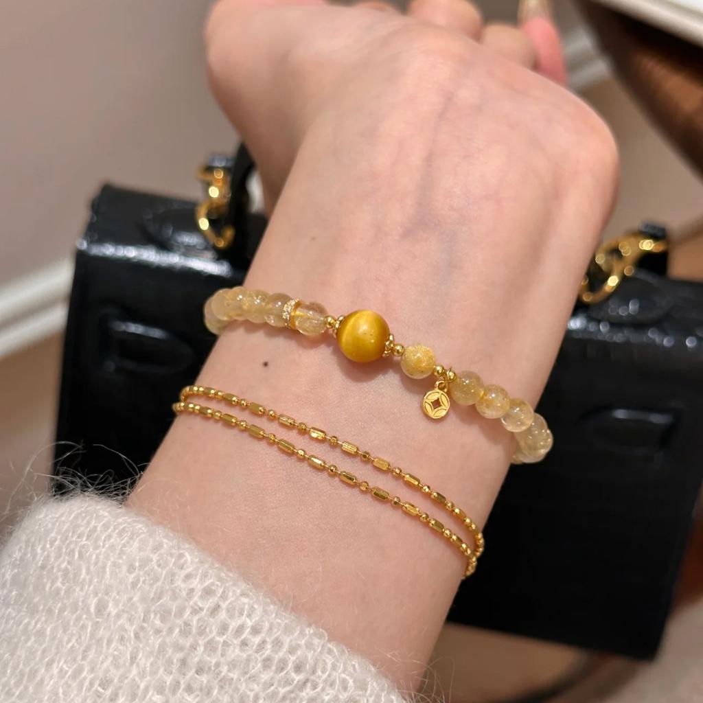 Personalized, light luxury style, natural golden rutilated quartz and tiger's eye stone bracelet for women, with a high-end, new Chinese design,