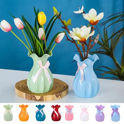 Light Plastic Vase Shatterproof Flower Vase with Ruffled Mouth Dried Flowers Holder with Bow for Bedroom Living Room Table Decor
