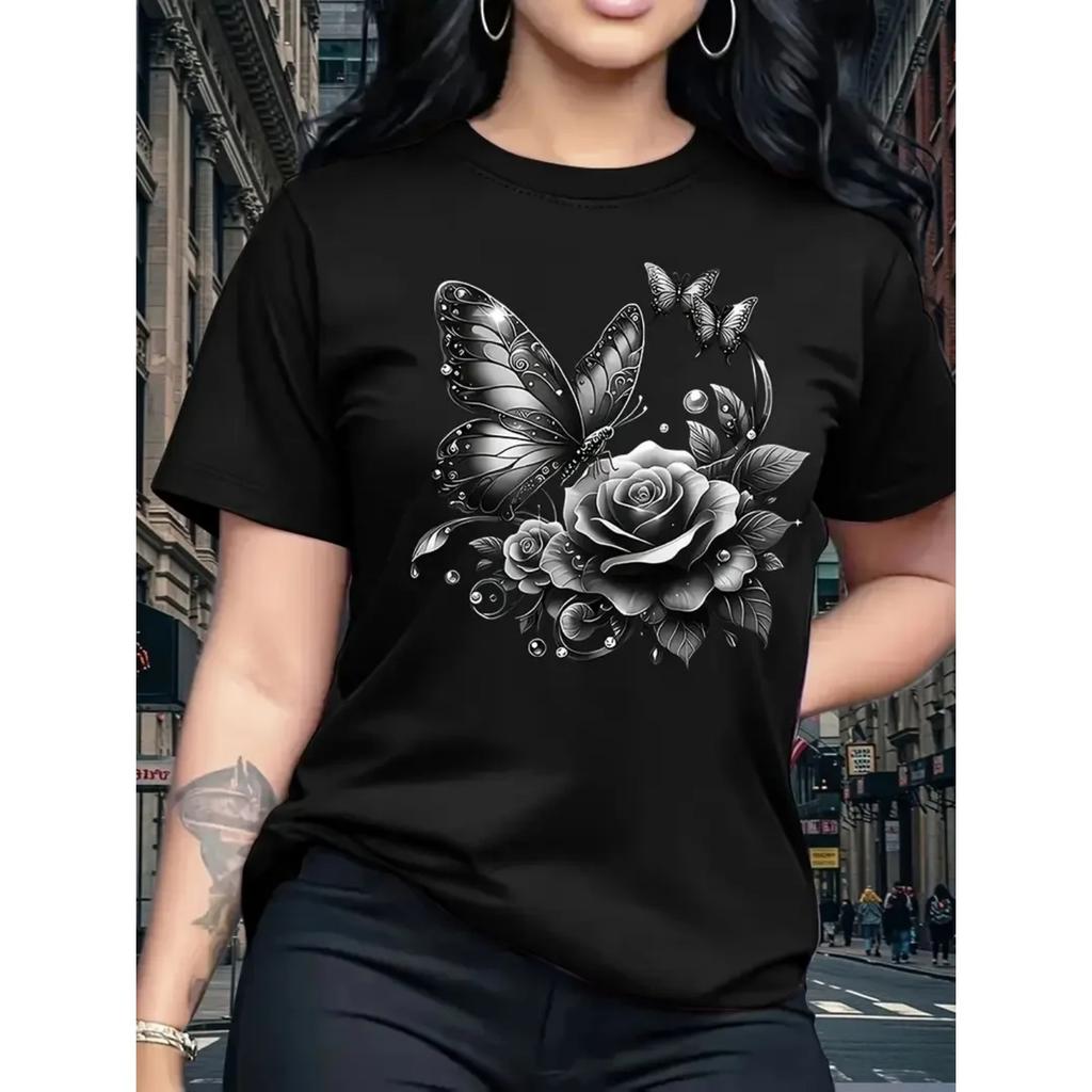 Women's Rose Butterfly Print Fashion Casual T-Shirt Short Sleeve Crew Neck Top Ideal Birthday or Holiday Gift for Outdoor Sports