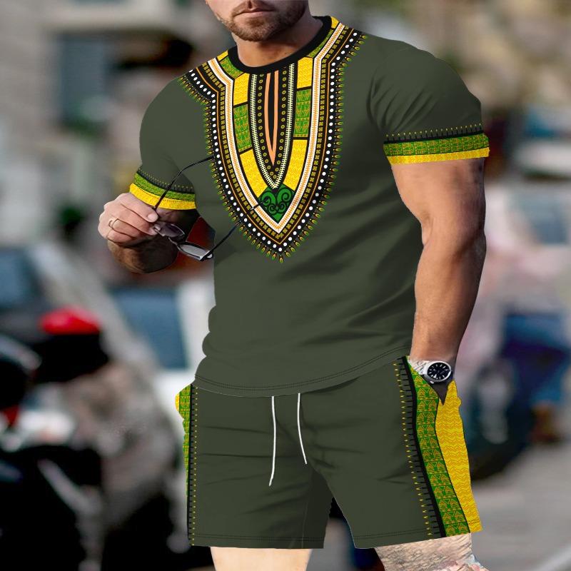 Men's African collar element picture print two-piece set of fashionable and casual round neck short-sleeved T-shirt and drawstring shorts