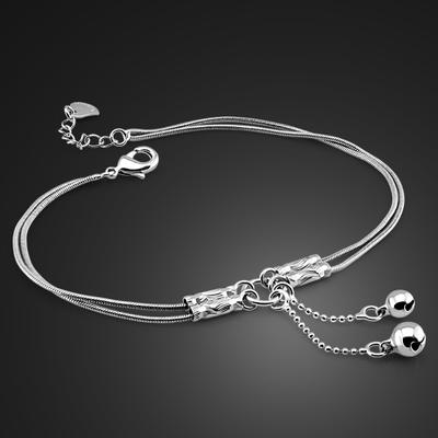 Fashion Cute Girl Bell Anklets Women Solid 925 Sterling Silver Snake Chain Anklets .Contracted Double Chain 27cm Anklets .Jewelry