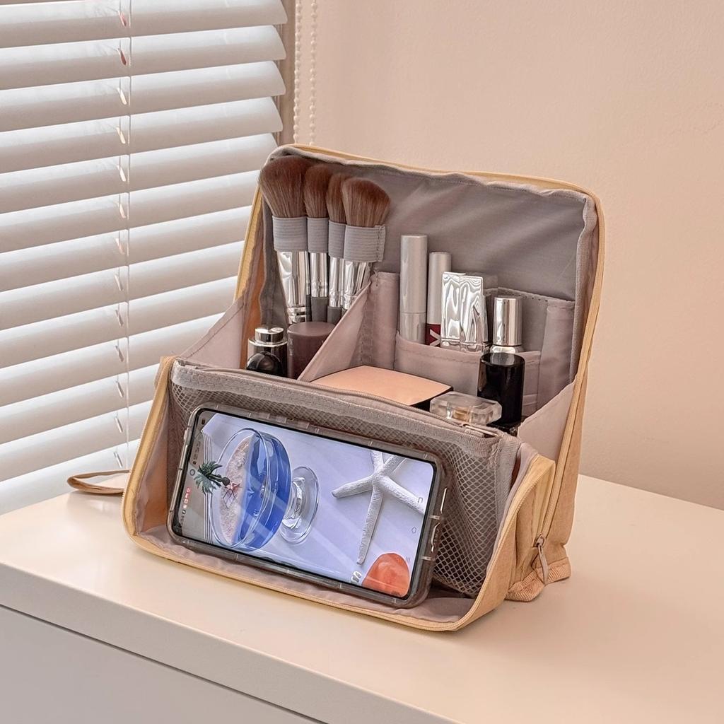 Women Vertical Makeup Bag Standable Large Capacity Skincare Storage Bag Partitioned Multi-Compartment Cosmetic Organizer