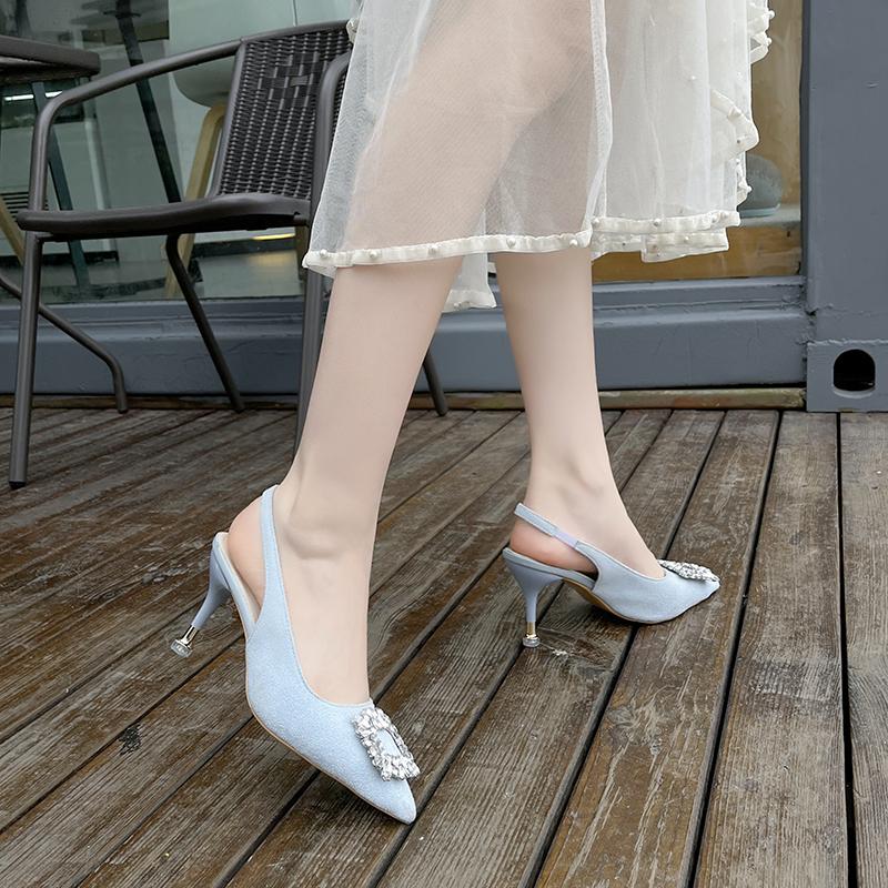 

Однотонные кожаные тапочки, женская обувь, женские туфли-лодочки, заостренный носок, без застежки, блестящие туфли на высоком каблуке с кристаллами и пряжкой, летние женские шлепанцы 43 чистый