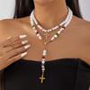 Alloy Imitation Pearls Crosses Necklace Skin Friendly Designs French Vintage for Comfortable All Day Wear