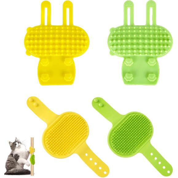 4PCS Cat Self Groomer Silicone, Cat Corner Chin Scratcher, Rubber Face Grooming Brush for Indoor Cats, Self Groomer Wall Brush for Sofa Table Legs green yellow