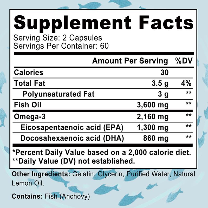 Omega 3 Fish Oil Capsules, Containing 3600 Mg, Are Rich In DHA and EPA, Beneficial for Cardiovascular Health and Immunity.