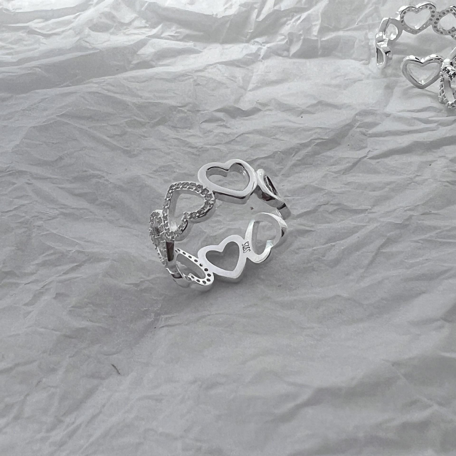 S925 Sterling Silver Heart-to-Heart Diamond Inlaid Adjustable Hollow Love Ring for Women - Light Luxury. Adjustable Open