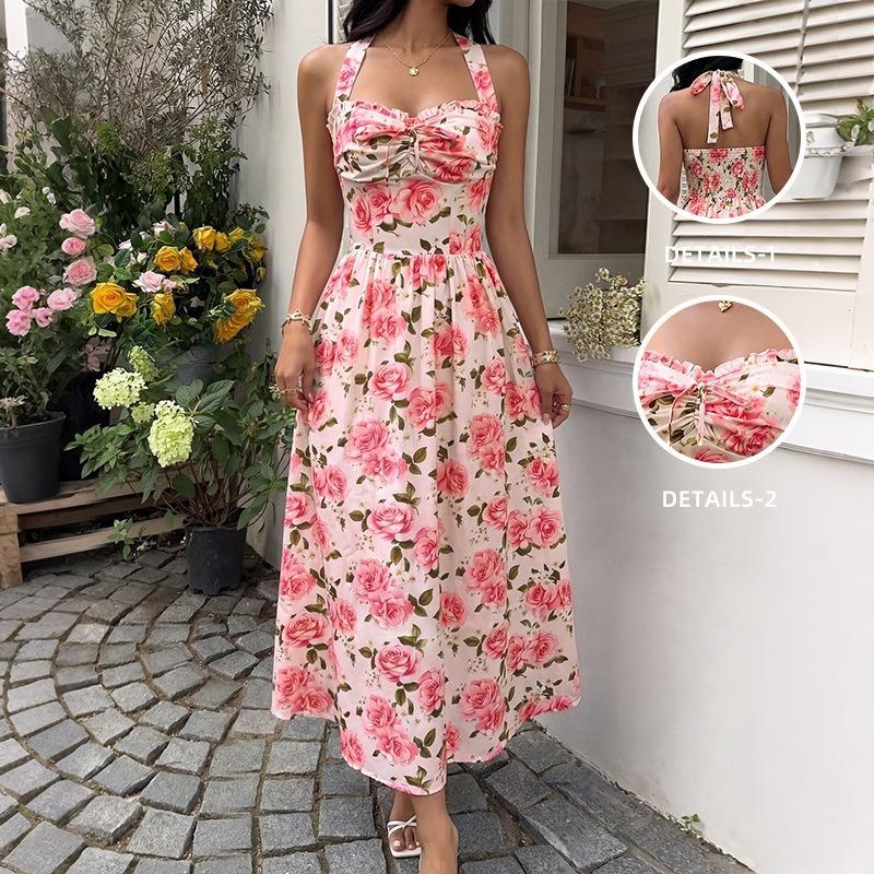 Women Sweet Floral Print Halter High Waist Midi A Line Summer Dress