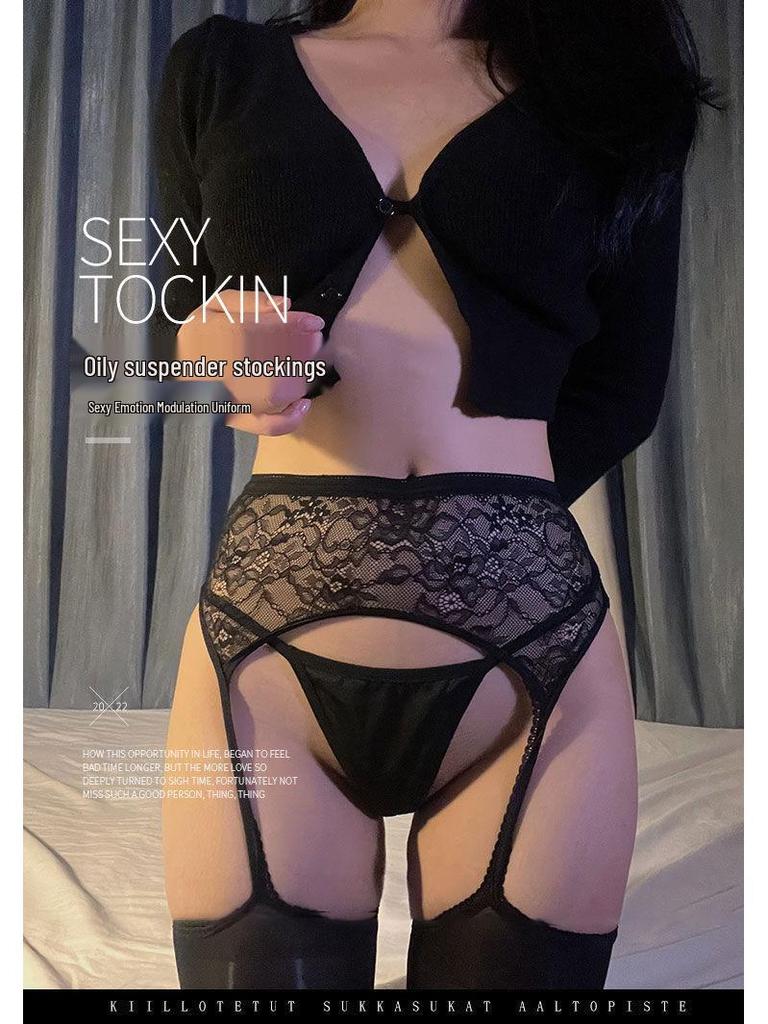 Aurora Lace Black & Oily Grey Garter Stockings - Women's Sexy High Socks