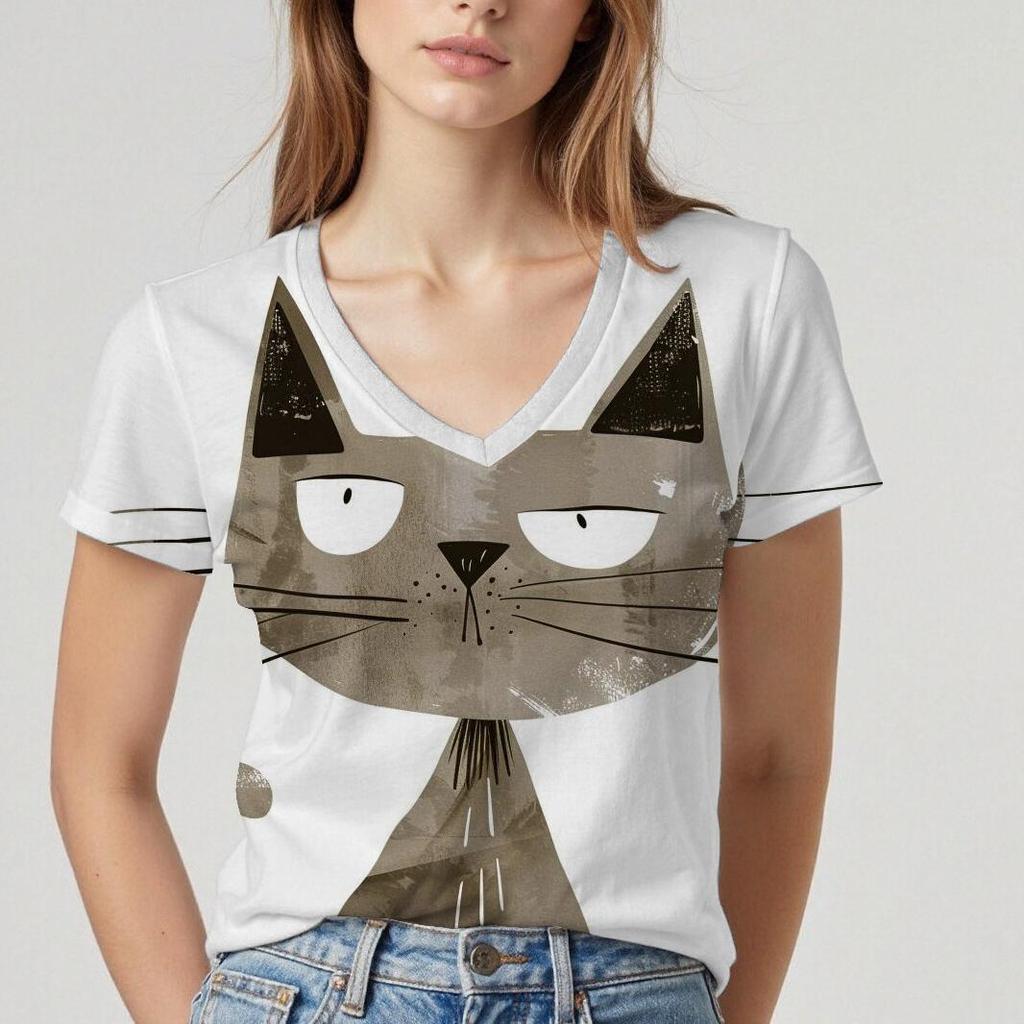 Summer V-neck 3D Cartoon Cat Pattern Printed Top Fashionable Casual Short Sleeved Women's T-shirts