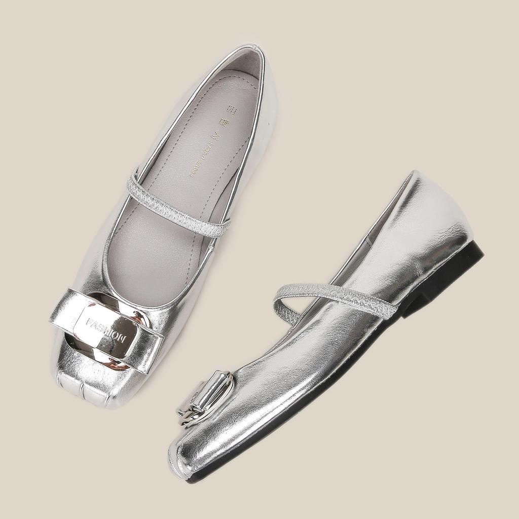 H83-5 Internet-Promi-Ballerinas mit weicher Sohle, bequeme silberne Damenschuhe mit Metallschnalle, Doudou-Schuhe Damen