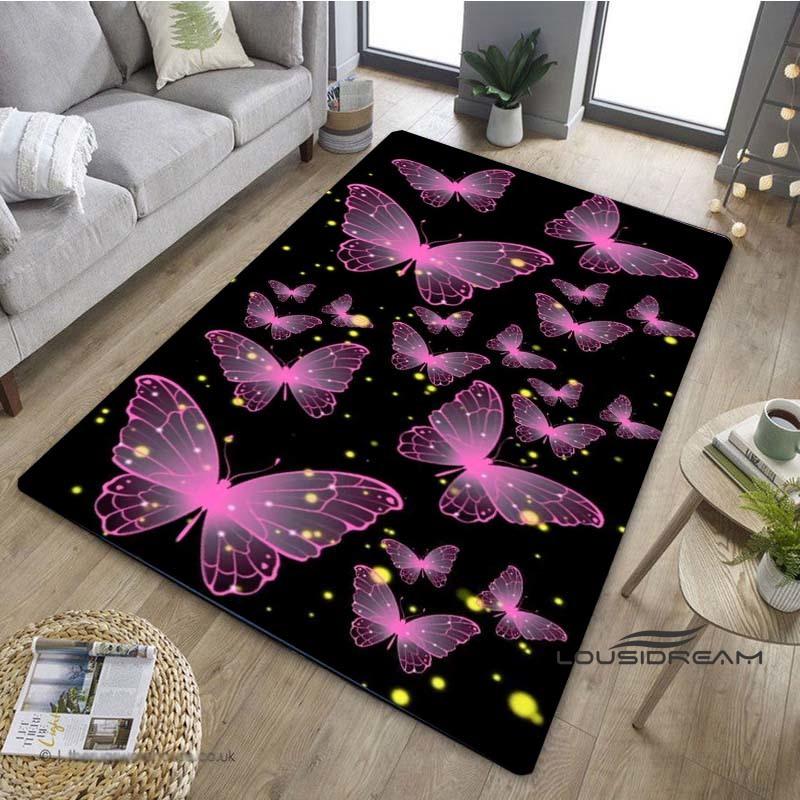 Customizable3D Luxury Dream Butterfly Flower Non-Slip Carpet for Home Living Room Bedroom Sofa Washable Kid Play Area Rug Decor