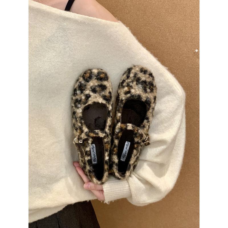 

Ретро леопардовый принт круглый носок Мэри Джейн пушистые туфли женская обувь носить 2025 новые осень и зима бархатные хлопковые туфли одинарные туфли 40