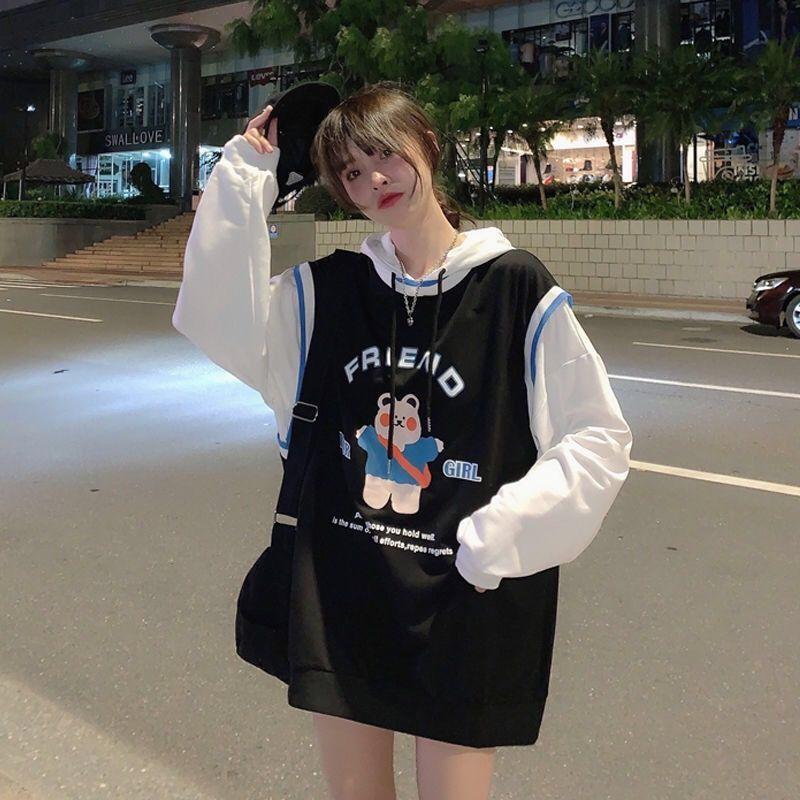 Spring Autumn Sweater Women Fake Two-piece Long-sleeved Hoodie Loose Boyfriend Wind Jacket Casual Thin T-shirt