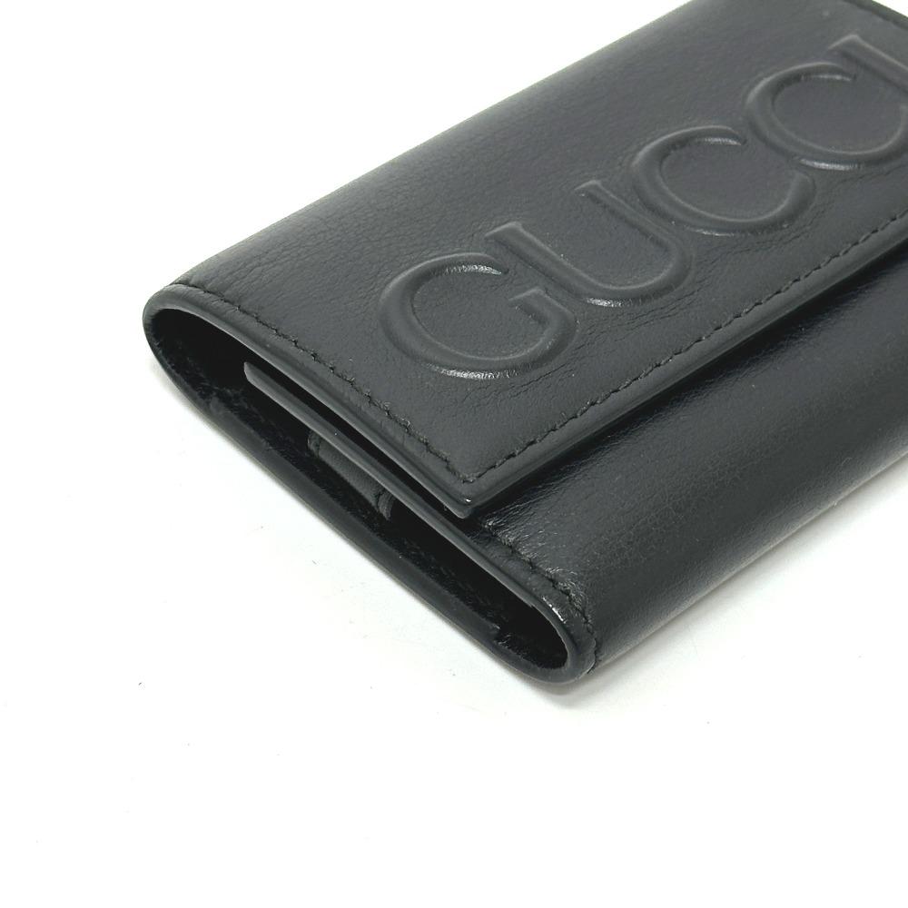 Gucci 428781 Embossed Logo Key Holder Key Ring 6 Rings Key Case Leather Black