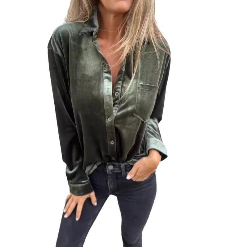 Women S Velvet Long Sleeve Button Down Loose Fit Blouse