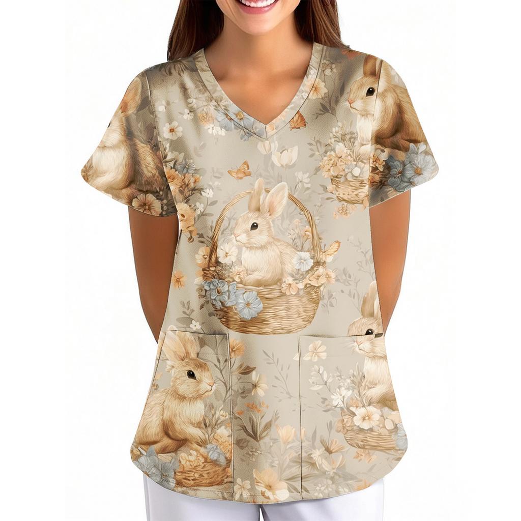 Dámské velikonoční potisk volný V-výstřih kapsa krátký rukáv Ošetřovatel/ Uniforma