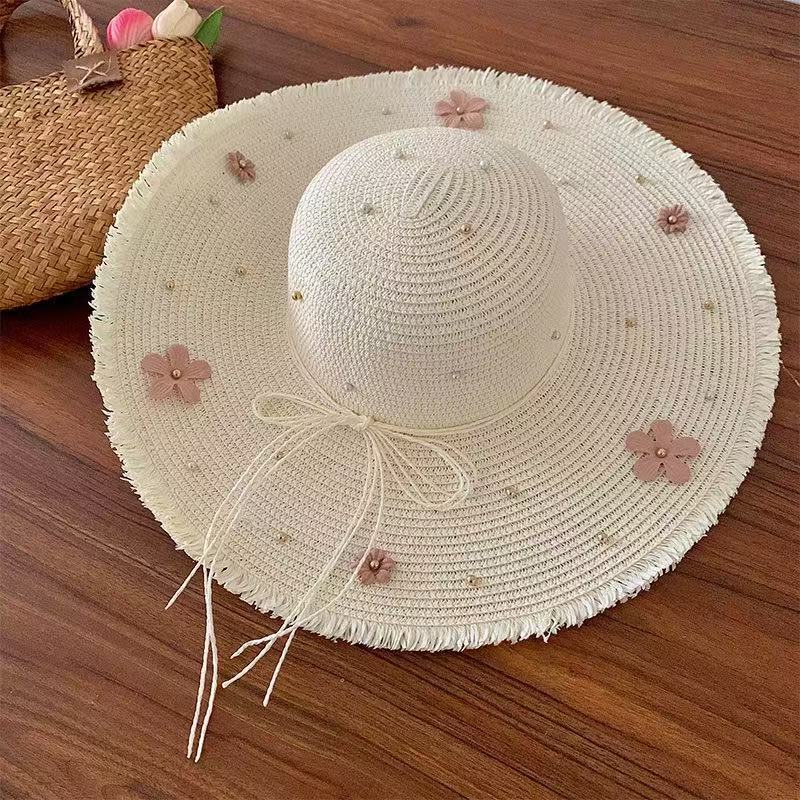 New bow lace straw hat women's summer seaside beach vacation sun hat large brim sun protection hat