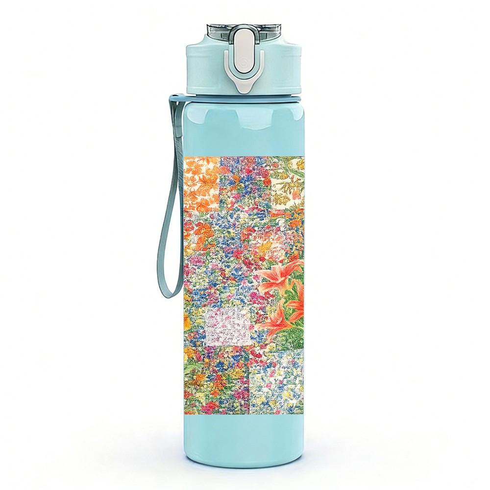 1PC Watercolor Floral Patch 750ml Color Plastic Sports Water Bottle Leakproof Flip Straw Lid Suitable for Sports Office Home Use