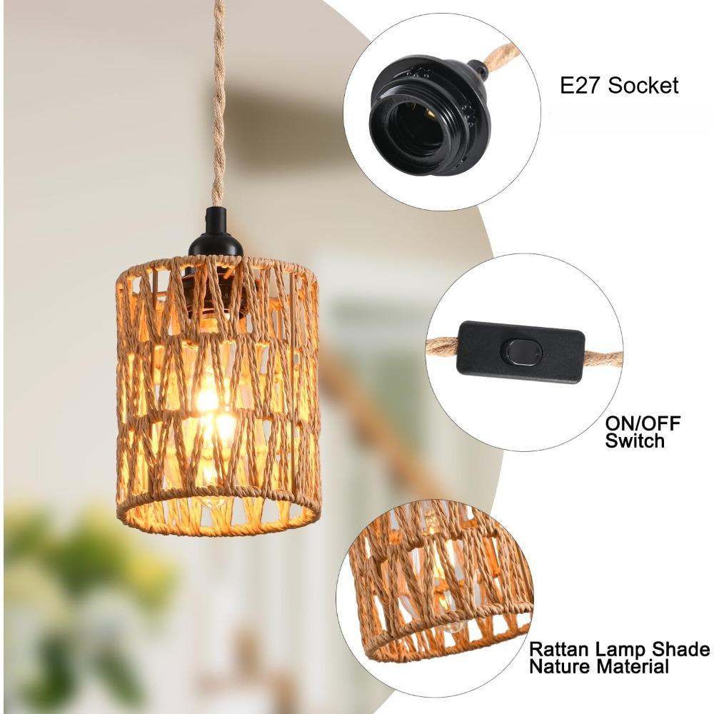 Boho Plug In Pendant Light Rattan Hanging Light with Cord Hemp Rope Farmhouse Hanging Lamp for Dining Room Bedside Restaurant