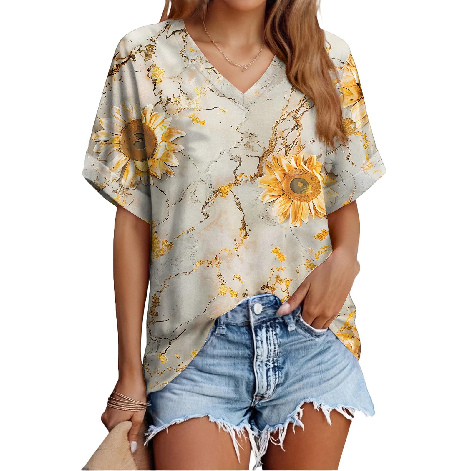 

Women s Fashionable Casual Everyday Versatile Floral Print Slim-Fit Summer Short-Sleeve Top XXL хаки