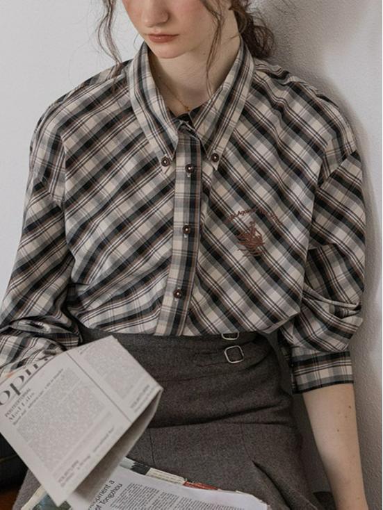 Dailyart  Plaid Law  45° French Retro Two-Color Embroidered Long-Sleeve Cotton Shirt M