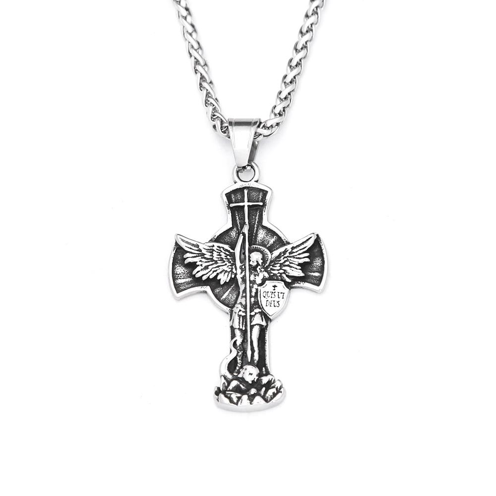 New Vintage St. Michael Archangel Pendant Necklace Stainless Steel Angel Wings Cross Necklaces for Men Women Religious Jewelry 60CM