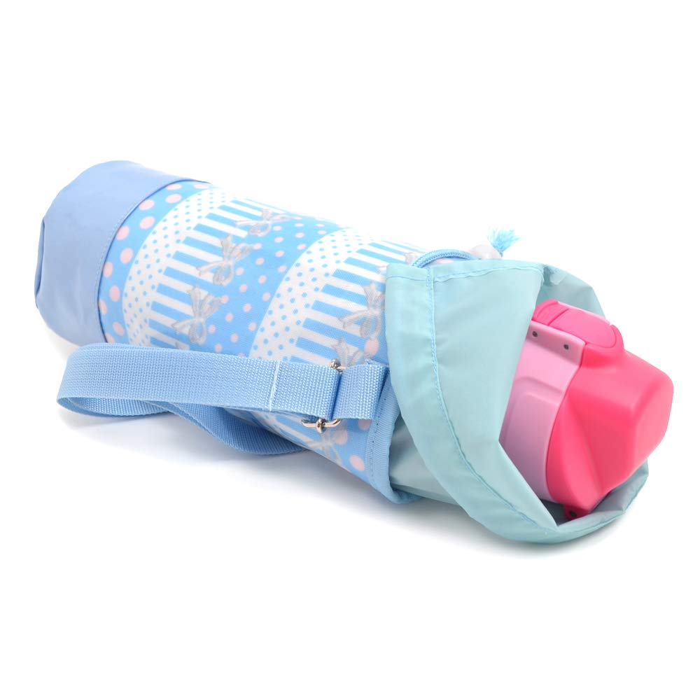 Large size water bottle cover for girls and children, case, holder, shoulder strap, featuring polka dots and lace ribbons (light blue), colorful