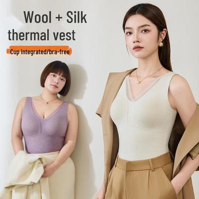 Women's Warm Wool Silk V-Neck Mesh Vest with Fleece & Bra Pads
